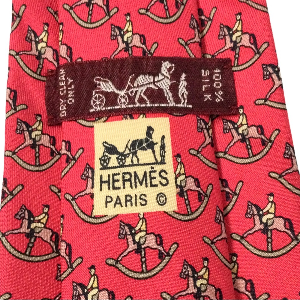 HERMES Silk Tie Horse with Rider Red & Tan Luxury Parisian Excellent Condition - Picture 9 of 9